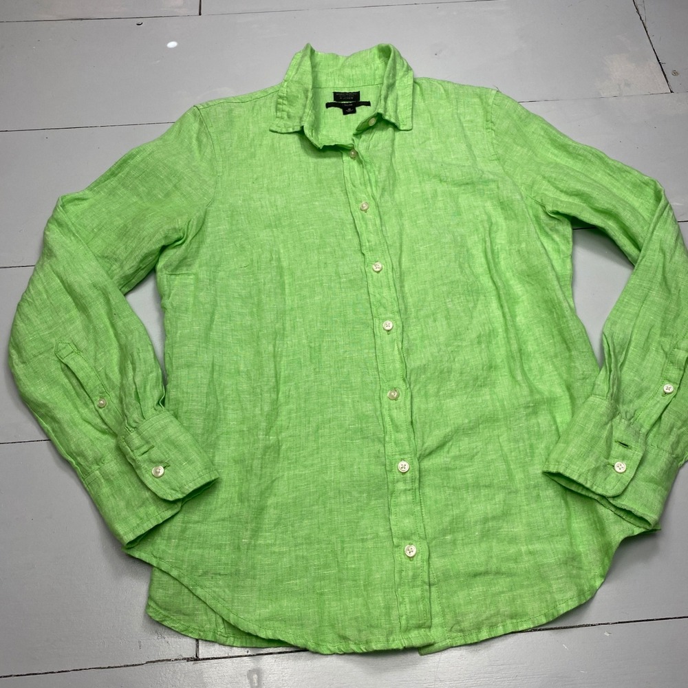 J.Crew Baird McNutt Irish Linen Shirt Womens 6 Lime Green Slim Button Down LS